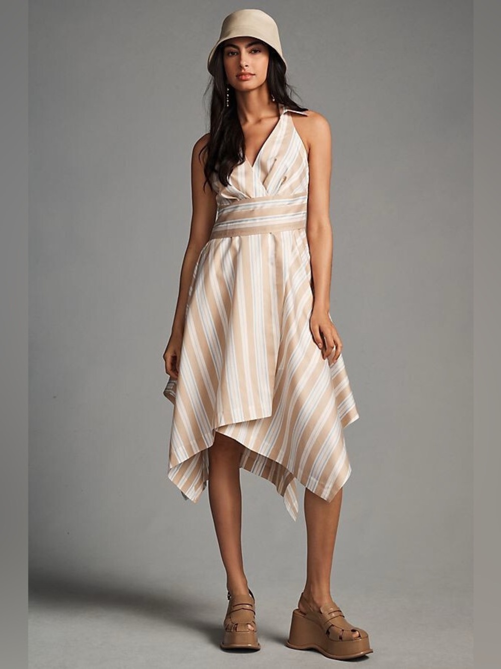 Anthropologie Maeve Asymmetrical Wrap Shirt Dress NEW Size 6 Tan Blue Stripes